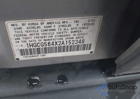 2002 Honda Accord 2.3 Lx из США, поврежденный, VIN 1HGCG564X2A152348